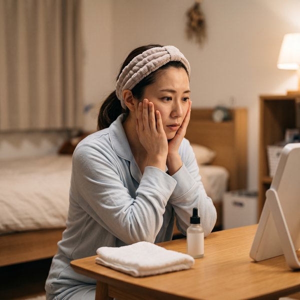 夜のドレッサーの前で、頬に手を添えて首をかしげる女性