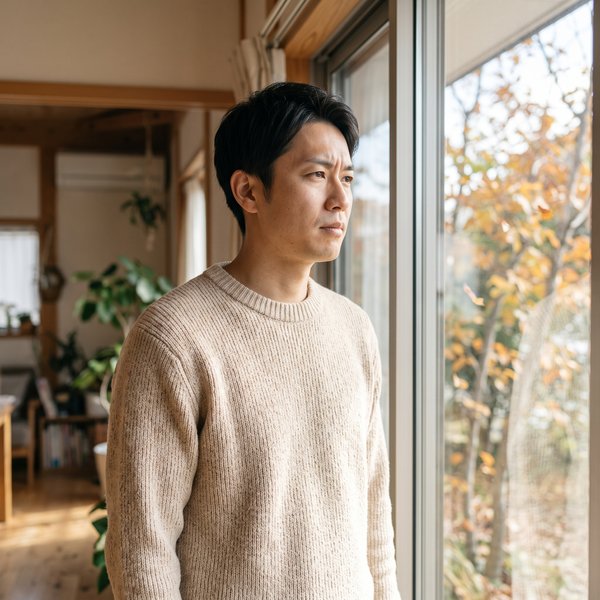 色づいた木々が見える窓辺で、季節の変わり目を感じる男性