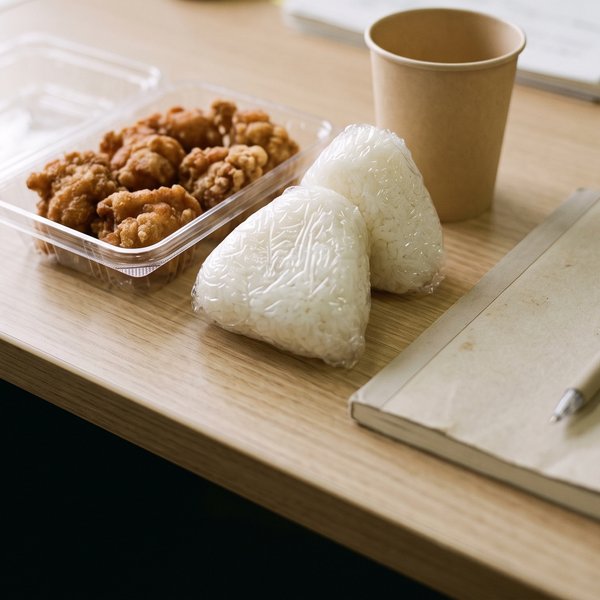 オフィスのデスクに置いた、揚げ物とおにぎりの昼食