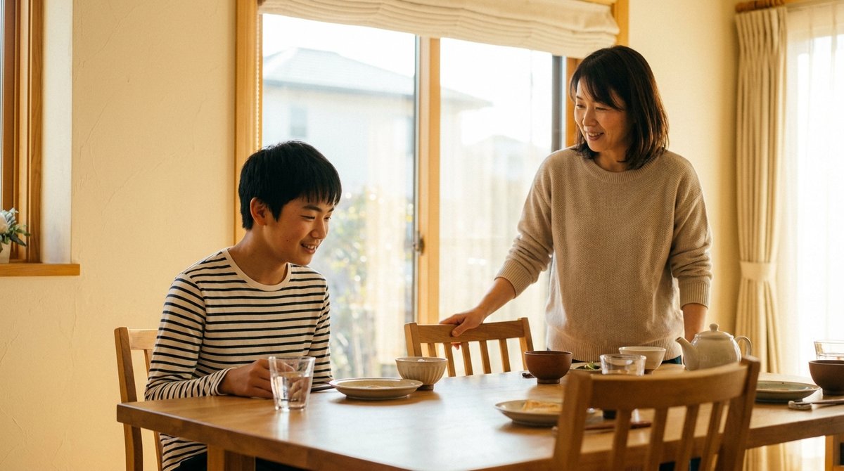 朝の食卓で水のグラスを手にする学生と、見守る家族の様子