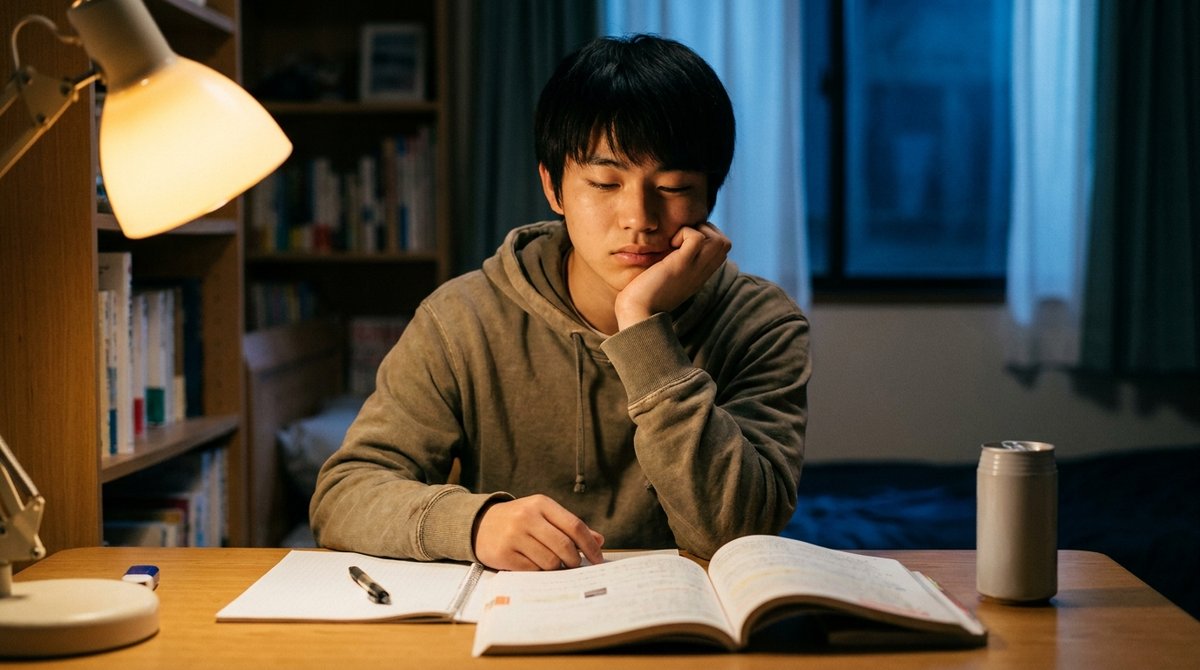 夜遅くまで机に向かい、ペンが止まっている学生の様子