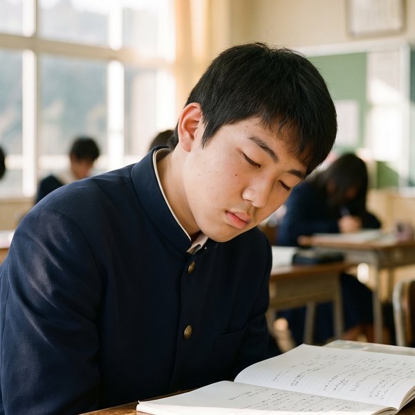 午後の教室で、机に向かいながらうとうとしている学生
