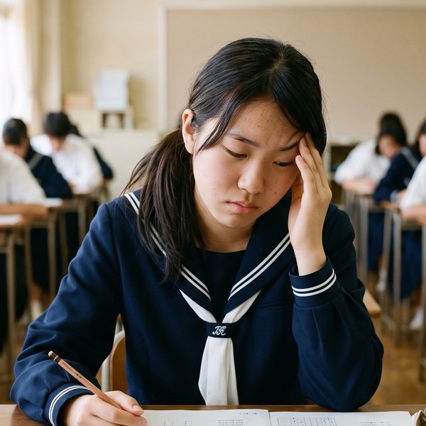 試験中に手を止め、額に指を当てて疲れた表情の学生