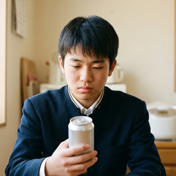 自宅の食卓で飲み物の缶を手に、浮かない表情の学生