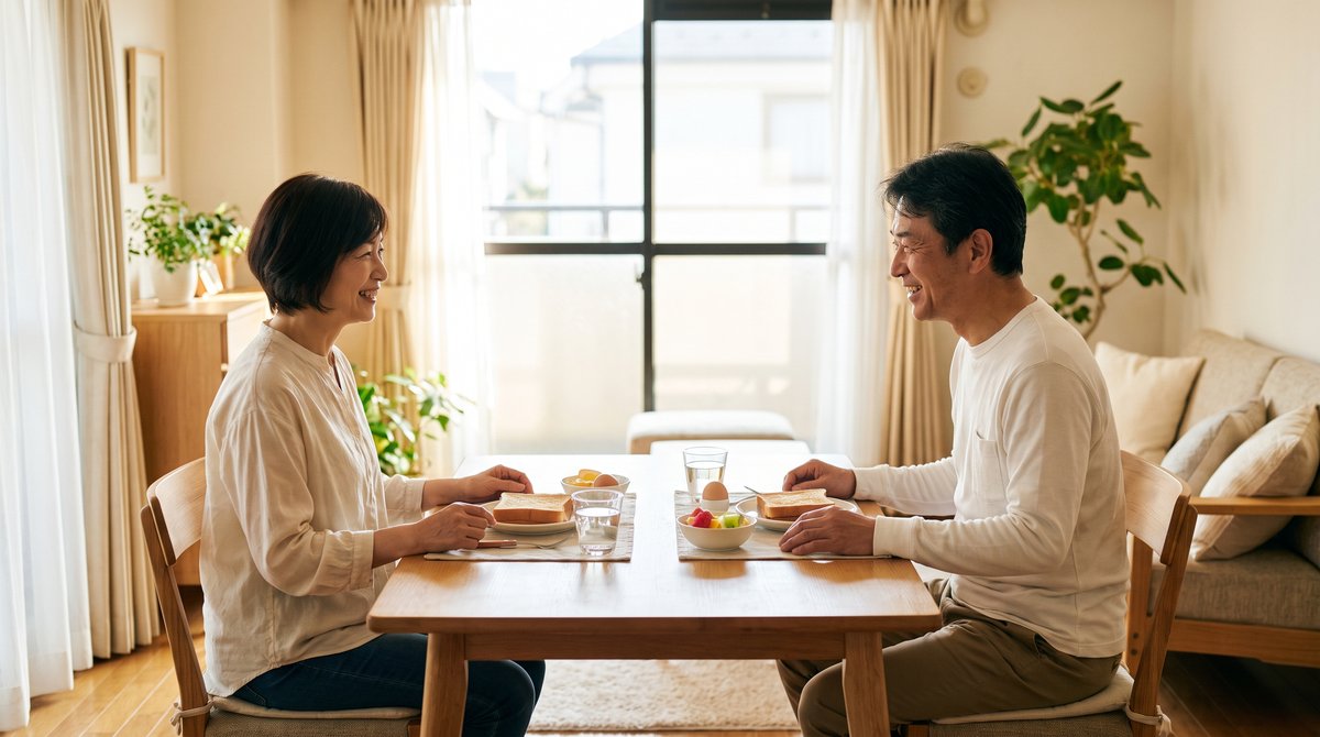 朝の食卓で向かい合い、笑顔で会話する50代の夫婦