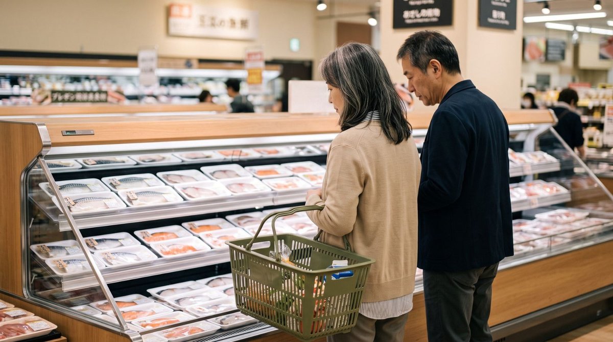 スーパーの鮮魚コーナーの前で、魚を買うかどうか迷う50代の夫婦