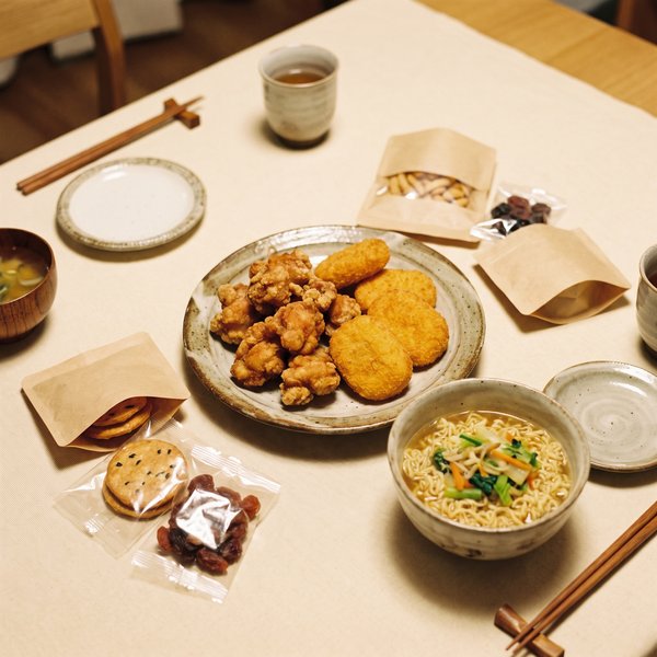食卓に並んだ揚げ物と加工食品