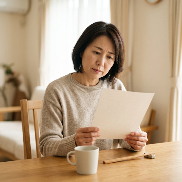 自宅の食卓で健診結果の用紙を見つめる女性